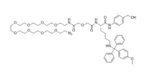 particlesphy sicochemical synthesis (S)-2-(32-azido-5-oxo-3,9,12,15,18,21,24,27,30-nonaoxa-6-azadotriacontanamido)-N-(4-(hydroxymethyl)phenyl)-6-(((4-methoxyphenyl)diphenylmethyl)amino)hexanamide 