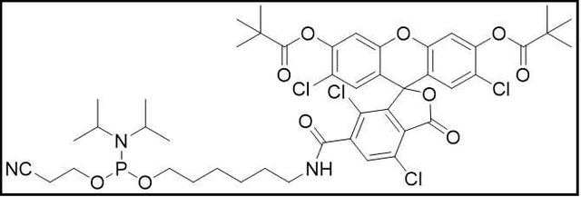 TET Dye Amidite (5'-Tetrachloro-Fluorescein Phosphoramidite); 6-(4 7 2' 7'-Tetrachloro-3' 6'-dipivaloylfluoresceinyl-6-carboxamido)-hexyl-1-O-[(2-cyanoethyl)-(N N-diisopropyl)]-phosphoramidite)